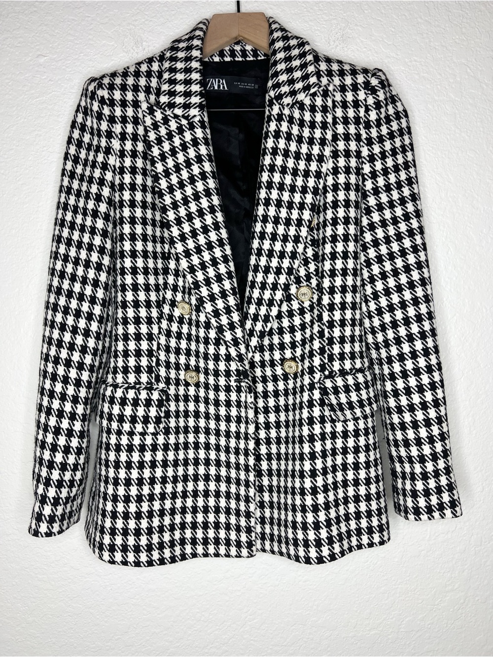 Zara Double Breasted Houndstooth Blazer Black White size XS